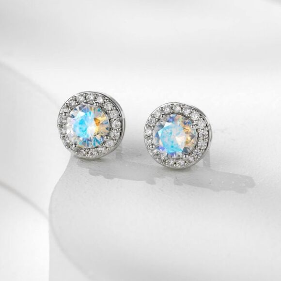 925 Sterling Silver with Aurora Borealis and Diamond CZ Round Halo Stud Earrings - Picture 3 of 6
